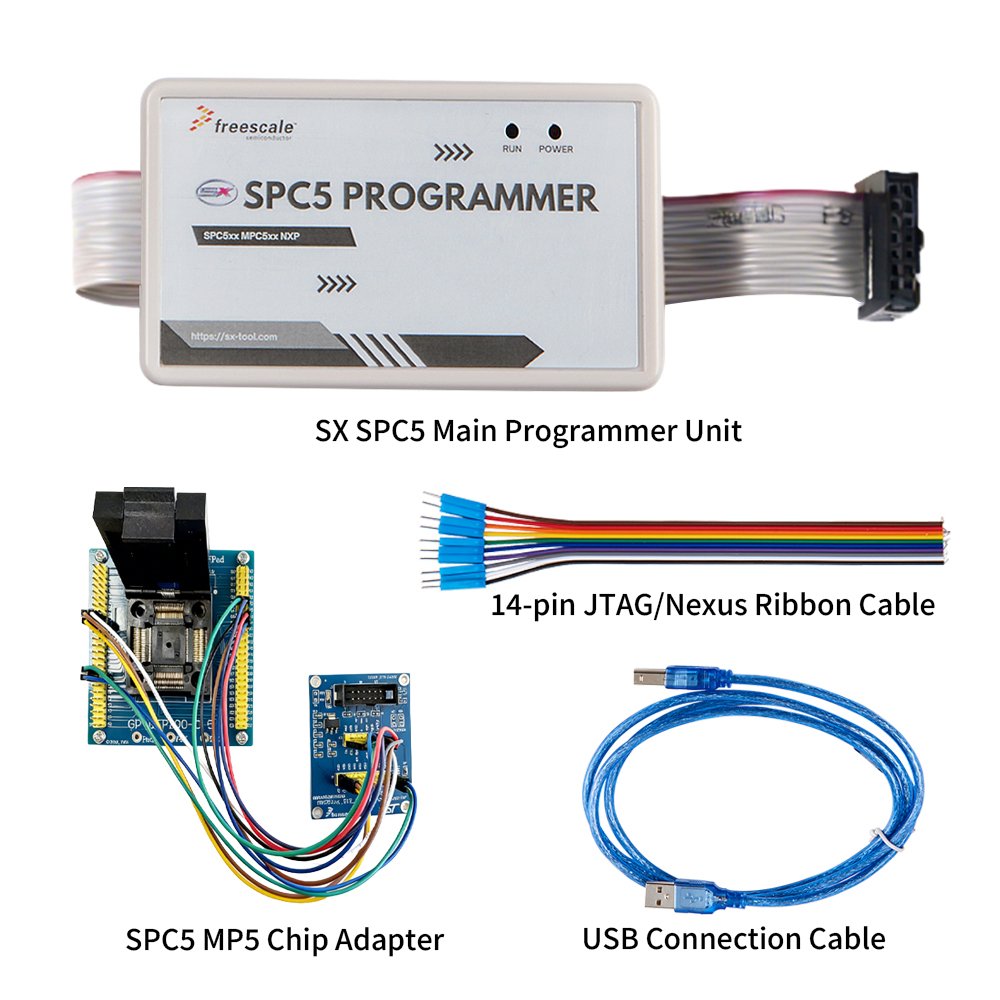 SX SPC5 Programmer complete kit breakdown showing main unit, SPC5 MPC5 chip adapter, 14-pin JTAG ribbon cable, and USB connection cable