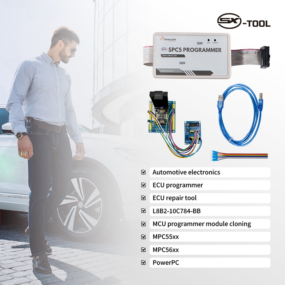 SX-TOOL SPC5 Programmer features and compatibility list including automotive electronics, ECU programmer, MCU cloning, MPC55xx and MPC56xx support