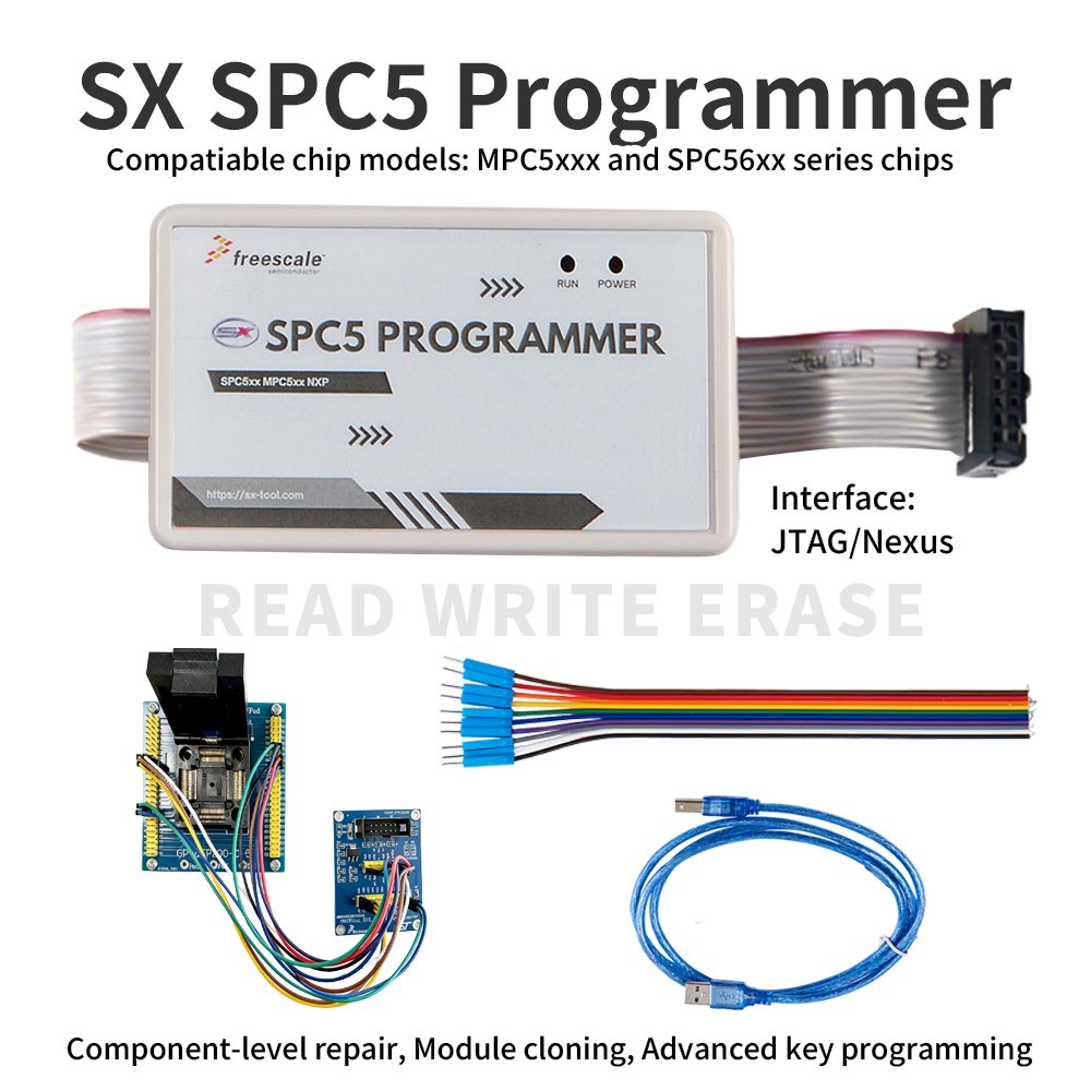 SX SPC5 Programmer complete kit with main unit, chip adapter, JTAG ribbon cable, and USB cable for JLR KVM module virginizing